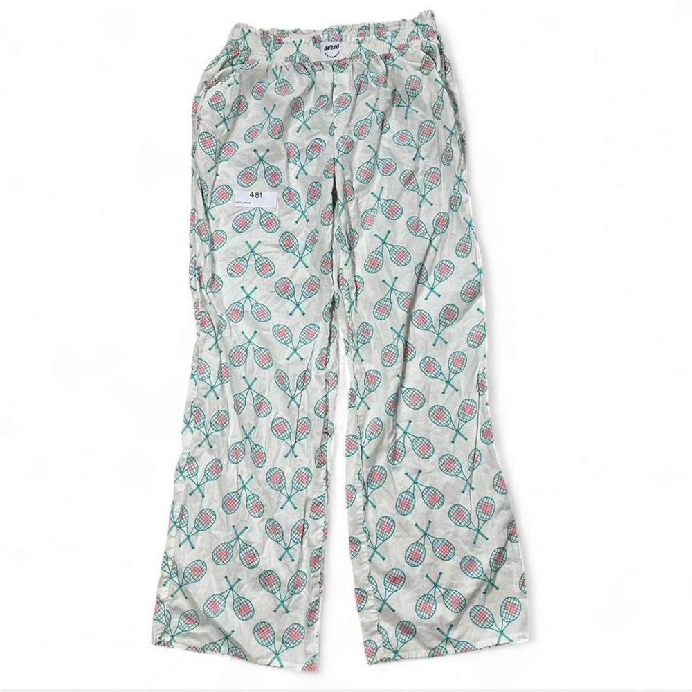 Aerie cream pajama pants with Pink and Teal Tennis Print